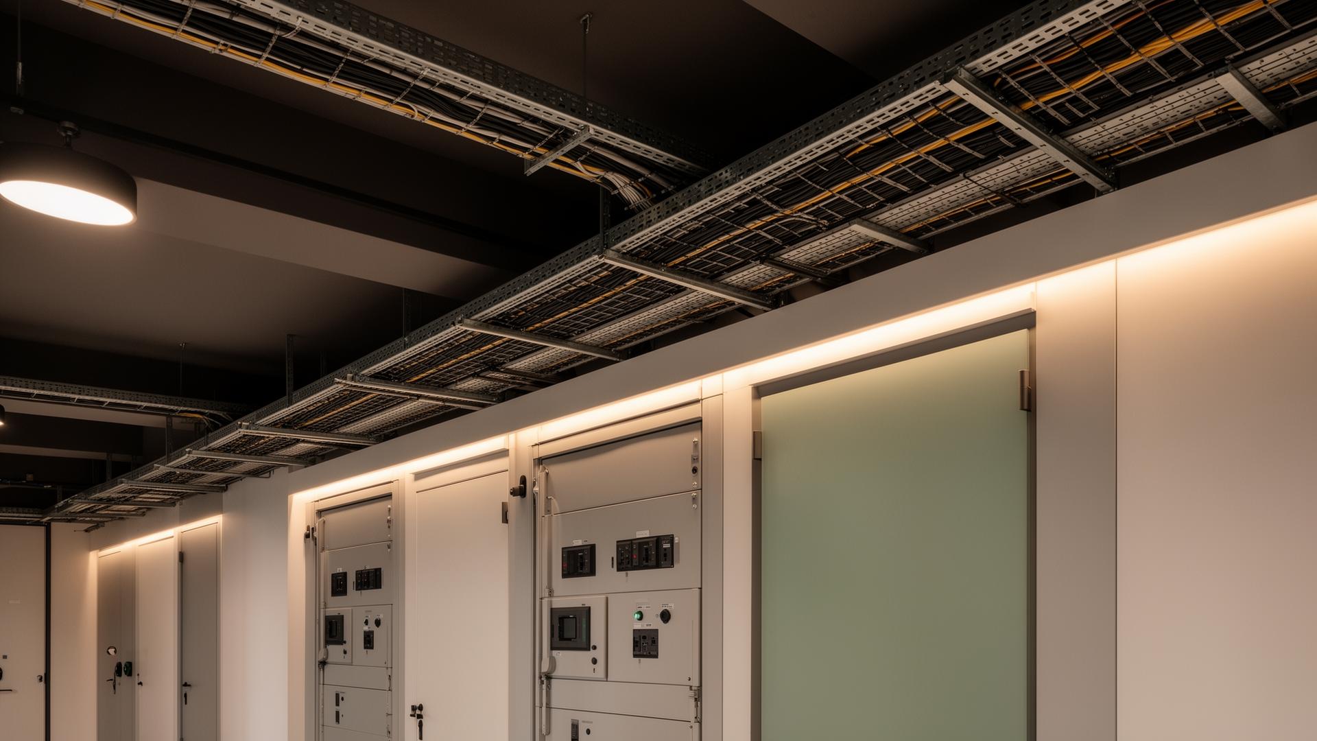 Sala técnica com quadros elétricos, cabines e eletrocalhas